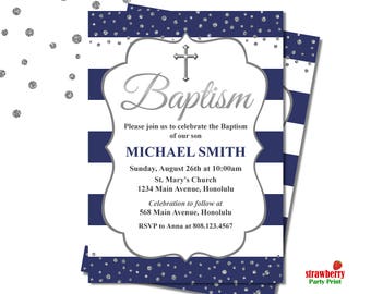 Navy Blue Baptism Invitation Boy, Blue & Silver Christening Invitation, Baby Dedication Religious Invite, Customize Printable Invitation, R5