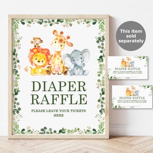 May include: A green and white sign with a jungle animal theme. The sign says "Diaper Raffle" and "Please leave your tickets here". There are two smaller signs that say "Diaper Raffle" and have a jungle animal theme.