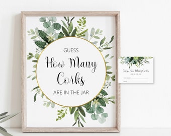 Guess How Many Corks Game Greenery Bridal Shower Sage Green Succulent Eucalyptus Wedding Shower Game Printable NOT Editable B84