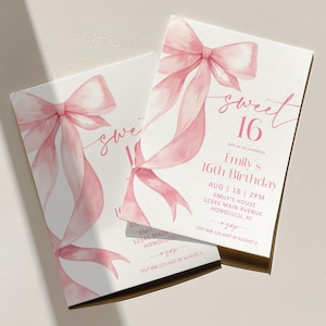 May include: Two invitations for a Sweet 16 birthday party. The cards feature a watercolor design of a pink bow and ribbons. The text on the card reads "Sweet 16" and includes the birthday girl's name, date, time, and location.
