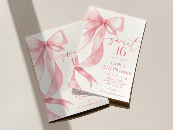 Editable Sweet 16 Invitations, Pink Bow Birthday, Coquette 16th Birthday Invite Template, Corjl 0155