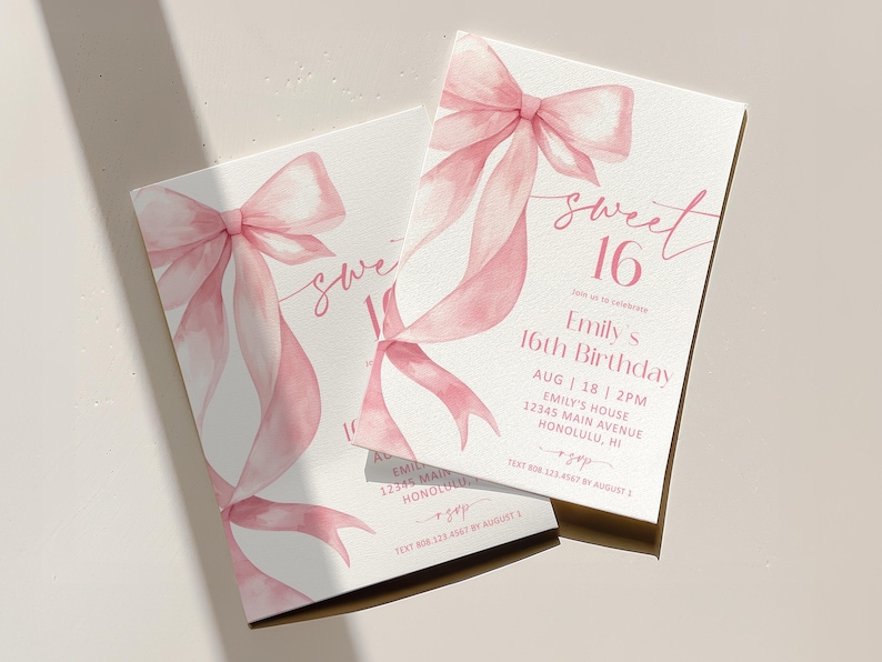 May include: Two invitations for a Sweet 16 birthday party. The cards feature a watercolor design of a pink bow and ribbons. The text on the card reads "Sweet 16" and includes the birthday girl's name, date, time, and location.