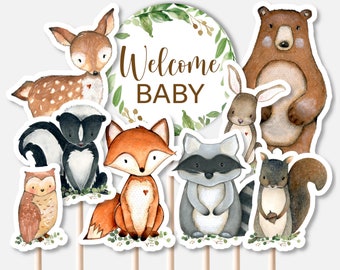 IMPRIMIBLE Woodland Animales Centros de Mesa Woodland Baby Shower Decoración Bienvenido Bebé Woodland Pañal Pastel Decoraciones NO Editables 0120