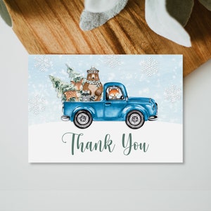 Woodland Animals Thank You Card Winter Woodland Baby Shower Woodland Birthday Blue Truck Folded Note Cards Printable 0119