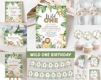 Editable Wild One Birthday Invitation Bundle, Safari Birthday Decorations Set, Jungle Animals First Birthday Party Pack, Corjl 0127