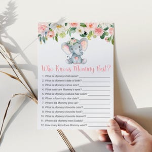 Who Knows Mommy Best Game Pink Elephant Baby Shower Game Printable NOT Editable 0121