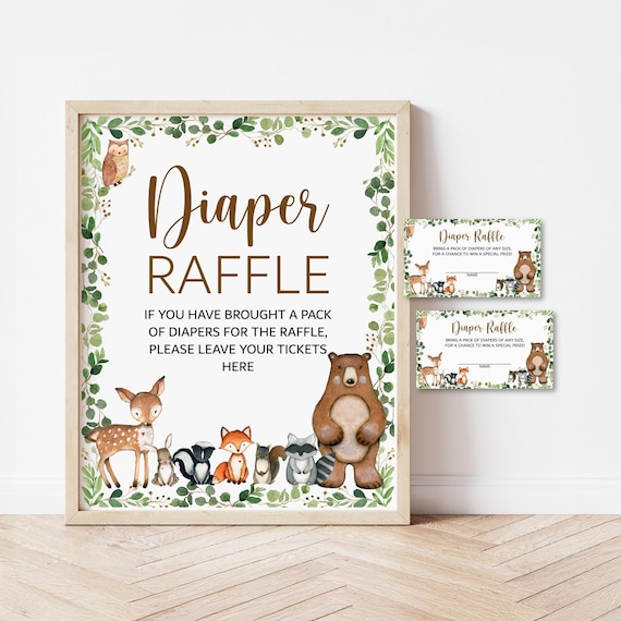 Diaper Raffle Tickets and Sign Woodland Baby Shower Game Greenery Woodland Animals Forest Baby Shower Printable NOT Editable 0120