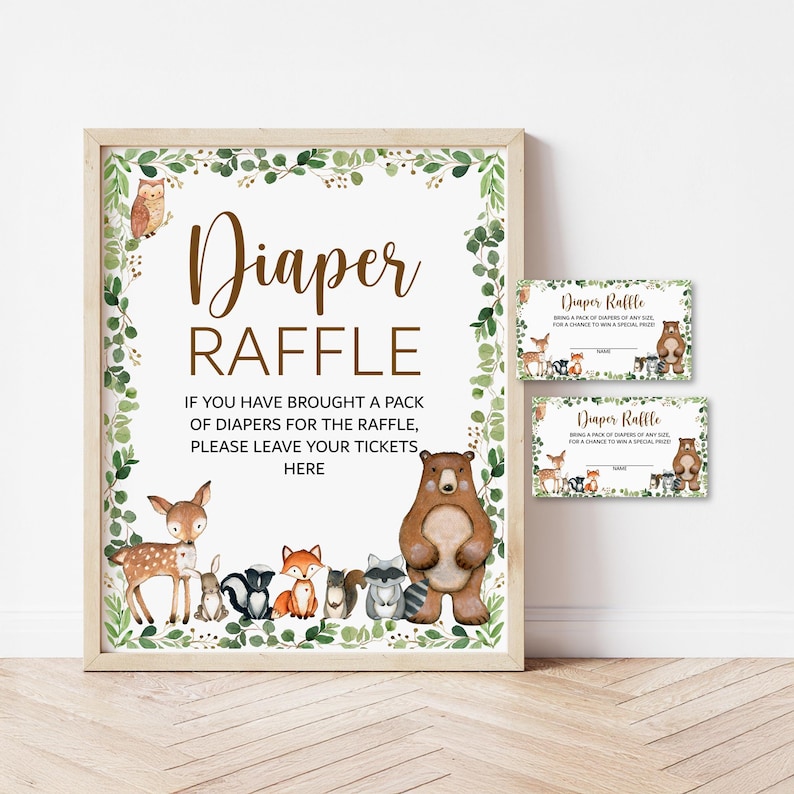 Diaper Raffle Tickets and Sign Woodland Baby Shower Game Greenery Woodland Animals Forest Baby Shower Printable NOT Editable 0120 image 1