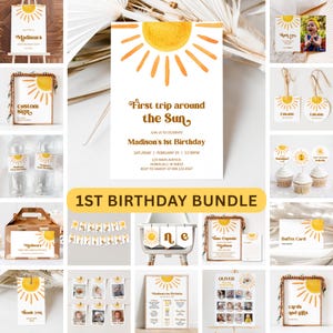Editable First Trip Around The Sun Birthday Invitation Bundle – Printable Party Templates, Corjl 0118