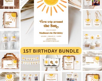 Editable First Trip Around The Sun Birthday Invitation Bundle – Printable Party Templates, Corjl 0118