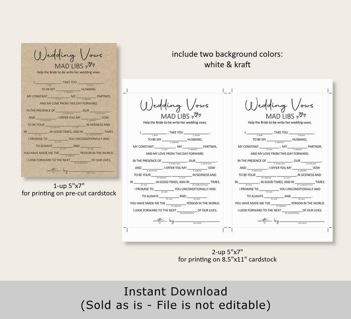 Mad Libs Wedding Vow Mad Lib Bridal Shower Game Printable - Etsy