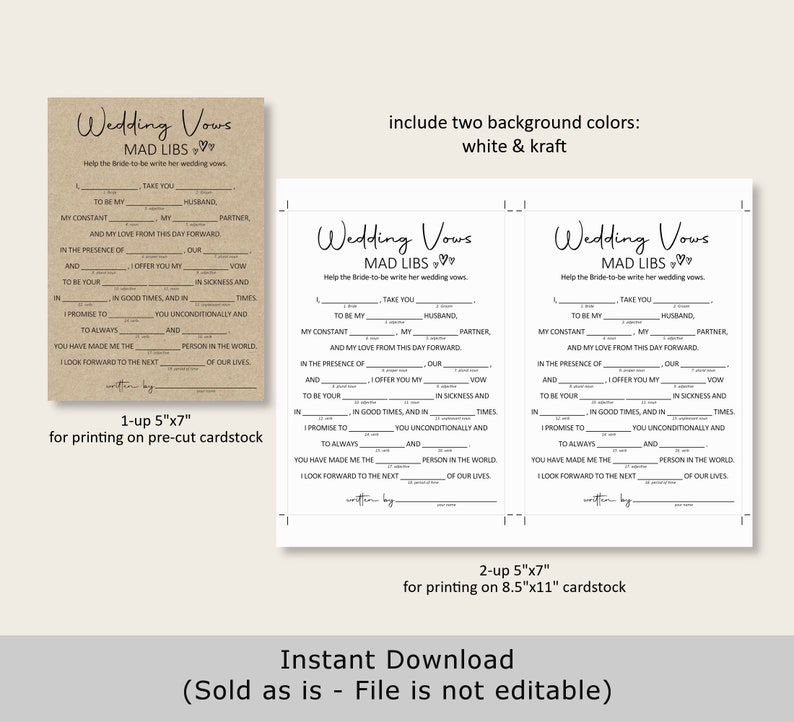 Mad Libs Wedding Vow Mad Lib Bridal Shower Game Printable Minimal Kraft Paper Rustic Woodsy Modern Black White NOT Editable B3 image 5