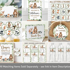 May include: A set of printable baby shower decorations featuring a woodland theme with a brown bear, fox, deer, raccoon, and owl. The decorations include a welcome sign, thank you cards, cupcake toppers, water bottle labels, a diaper raffle sign, and game cards. The text on the welcome sign reads "Welcome to Melissa's Baby Shower 02.20.2021". The text on the thank you cards reads "Thank You". The text on the diaper raffle sign reads "Diaper Raffle If you have brought a pack of diapers for the raffle, please leave your tickets, here". The text on the game cards reads "Baby Shower Game Bundle 6-in-1". The text on the water bottle labels reads "Thanks for coming!"