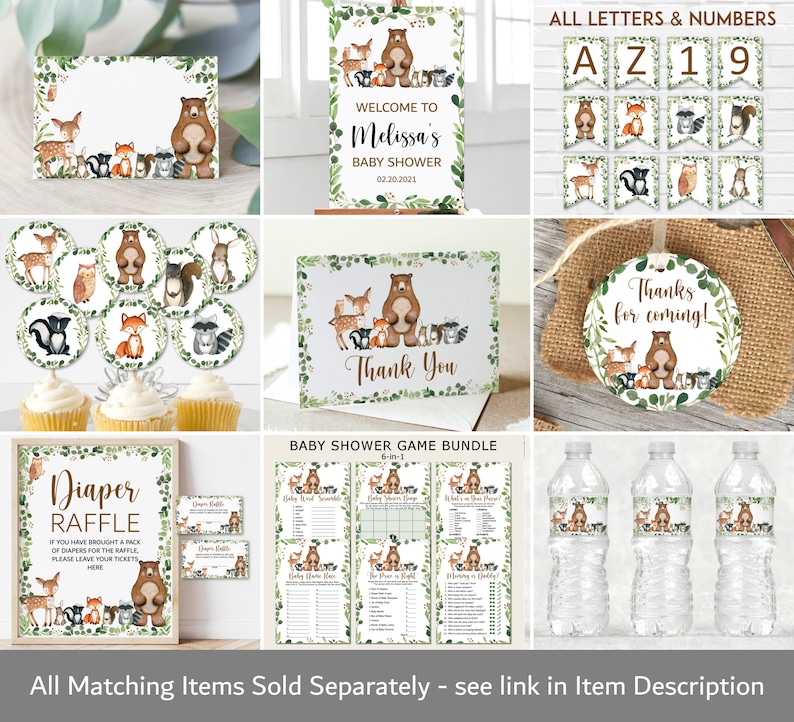 May include: A set of printable baby shower decorations featuring a woodland theme with a brown bear, fox, deer, raccoon, and owl. The decorations include a welcome sign, thank you cards, cupcake toppers, water bottle labels, a diaper raffle sign, and game cards. The text on the welcome sign reads "Welcome to Melissa's Baby Shower 02.20.2021". The text on the thank you cards reads "Thank You". The text on the diaper raffle sign reads "Diaper Raffle If you have brought a pack of diapers for the raffle, please leave your tickets, here". The text on the game cards reads "Baby Shower Game Bundle 6-in-1". The text on the water bottle labels reads "Thanks for coming!"