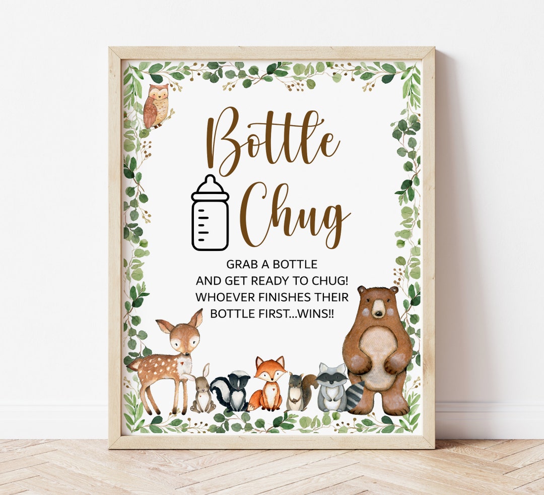Bottle Chug Game Sign Greenery Woodland Baby Shower Sign Etsy