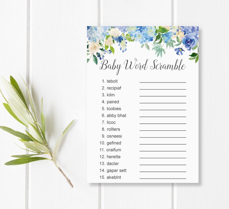 May include: A white baby shower game card with a floral border of blue and cream flowers. The text "Baby Word Scramble" is written in elegant script. The card includes numbered lines for answers.