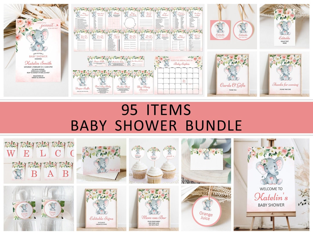 Editable Elephant Baby Shower Bundle Pink Elephant Girl Baby Shower ...