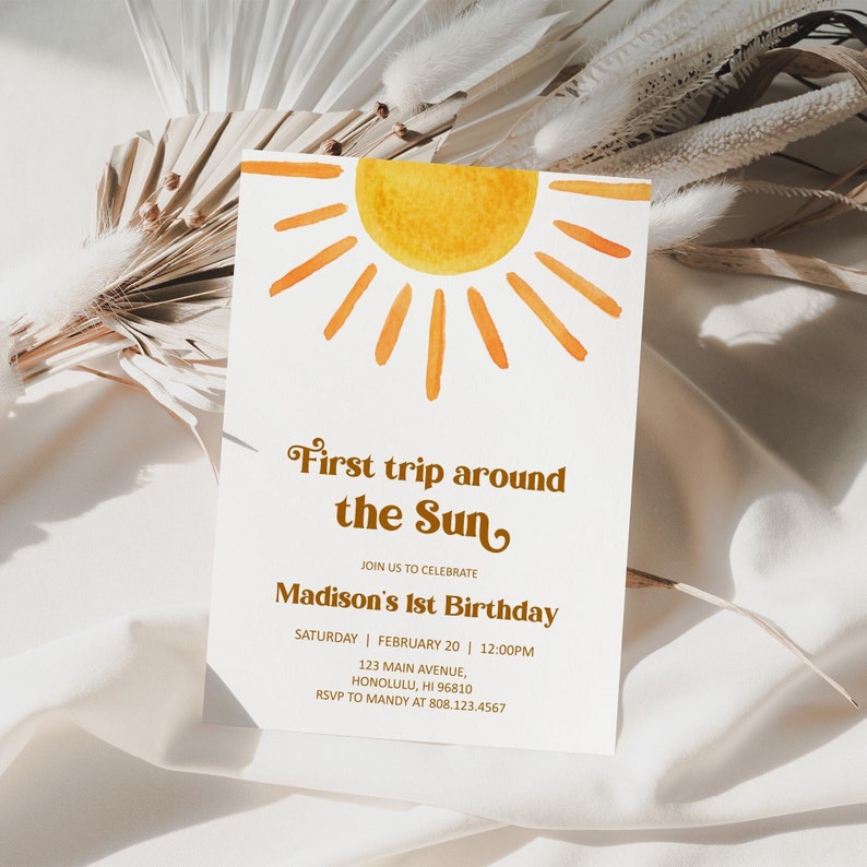 Editable First Trip Around the Sun Birthday Invitation Boho Sunshine Birthday 1st Birthday Invite Template Printable Corjl 0118 image 1