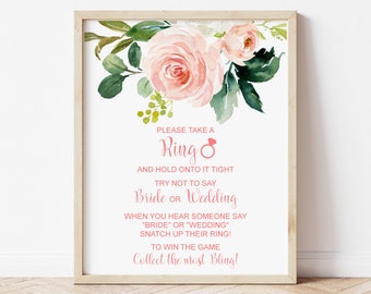 Don't Say Bride Game Sign – Pink Blush Floral Bridal Shower Ring Game Printable NOT Editable B80