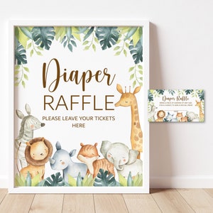Jungle Baby Shower Diaper Raffle Tickets and Sign Safari Baby Shower Game Printable Tropical Jungle Animals NOT Editable 0129