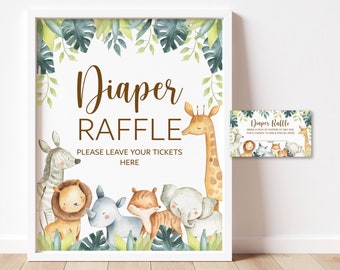 Jungle Baby Shower Diaper Raffle Tickets and Sign Safari Baby Shower Game Printable Tropical Jungle Animals NOT Editable C7