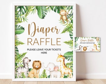 Diaper Raffle Tickets and Sign Jungle Baby Shower Game Jungle Animals Safari Baby Shower Game Printable Gender Neutral NOT Editable C94