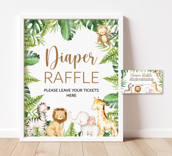 Diaper Raffle Tickets and Sign Jungle Baby Shower Game Jungle Animals Safari Baby Shower Game Printable Gender Neutral Instant Download C94 Il_570xn