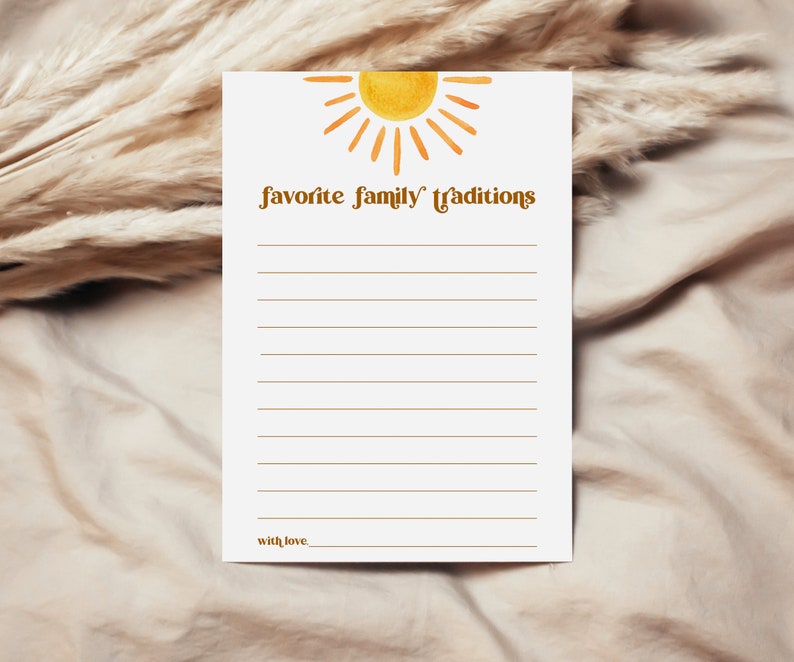 May include: Printable list with a yellow sun graphic and the text "favorite family traditions" with a line at the bottom for "with love".