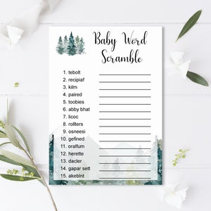 May include: A printable baby shower game with a woodland theme. The game is called "Baby Word Scramble" and features a list of 15 words that need to be unscrambled. The background is a watercolor illustration of a forest with trees and mountains.