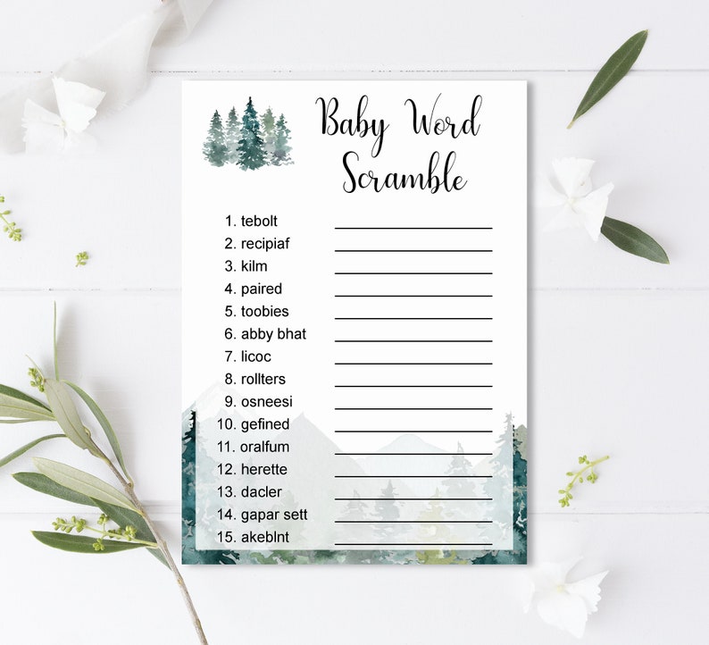 May include: A printable baby shower game with a woodland theme. The game is called "Baby Word Scramble" and features a list of 15 words that need to be unscrambled. The background is a watercolor illustration of a forest with trees and mountains.