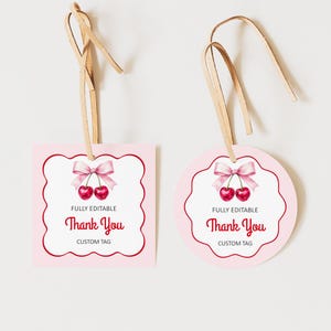 Etiqueta de agradecimento com laço rosa editável e cereja em cima, etiqueta para lembrancinha de festa, etiqueta adesiva para presente, etiqueta para impressão Corjl 0144