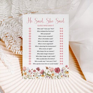 Wildflower Bridal Shower He Said She Said Guess Who Said It Game Garden Tea Party Bridal Shower Game Printable NOT Editable 0123