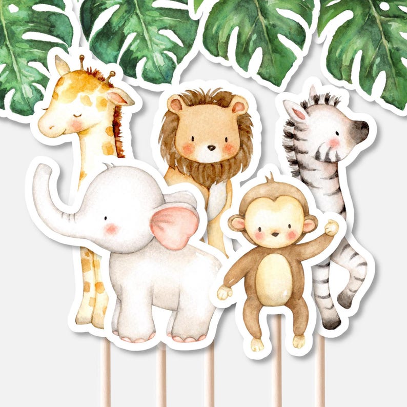 Adornos para cupcakes de jungla, baby shower de jungla, lindos animales de safari, decoración de comida para baby shower, adorno imprimible 0127 imagen 5