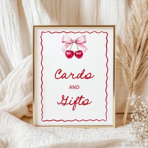 Editable Cherry Cards and Gifts Sign Coquette Cherry Bridal Shower She&#39;s The Cherry On Top Baby Shower Sign Template Corjl 0144