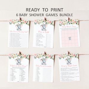 Elefant-Babyparty-Spiele Druckbares Spiel-Bundle Rosa Elefant-Mädchen-Babyparty-Spiele-Paket NICHT bearbeitbar 0121