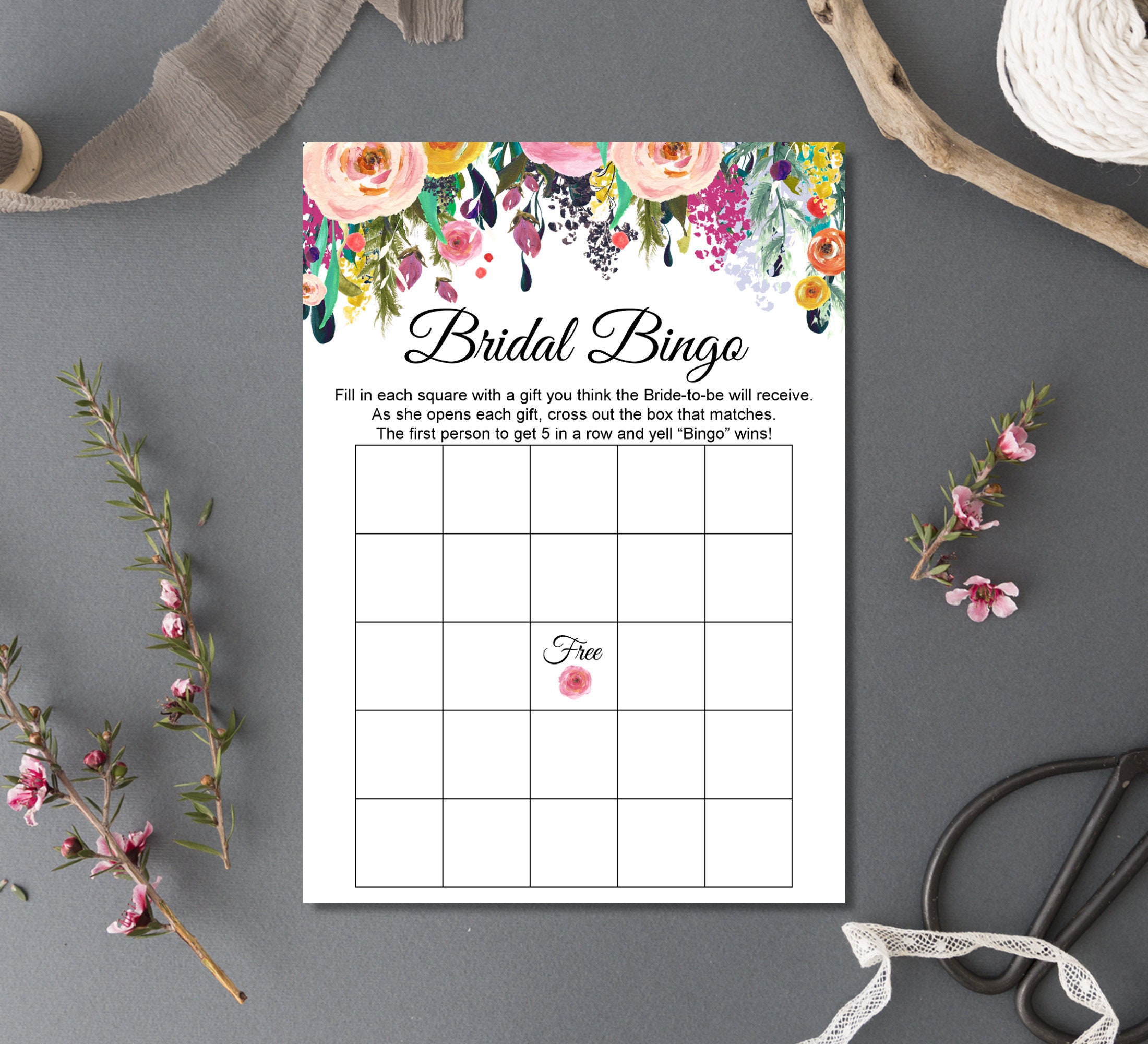 Floral Bridal Shower Bingo Card Bridal Bingo Template Bridal  Etsy With Blank Bridal Shower Bingo Template