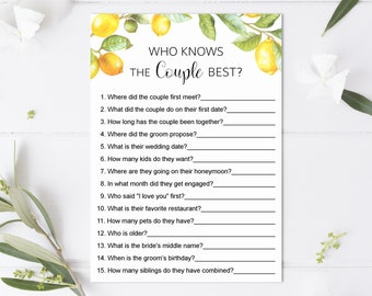 Who Knows The Couple Best Game Lemon Bridal Shower Citrus Lemon Theme Summer Bridal Shower Couples Shower Game Printable NOT Editable B5