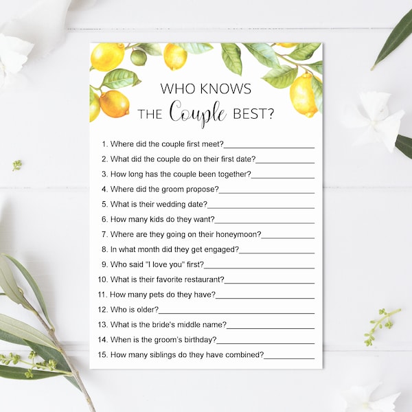 Who Knows The Couple Best Game Lemon Bridal Shower Citrus Lemon Theme Summer Bridal Shower Couples Shower Game Printable NOT Editable B5