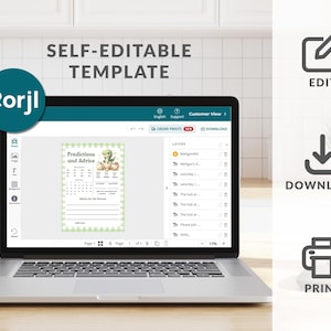 May include: A laptop showing a "Predictions and Advice" template with a green and white design. The screen displays a calendar layout with illustrations. The laptop is open on a white surface, with the text "SELF-EDITABLE TEMPLATE" above it. Icons for edit, download, and print are on the right.