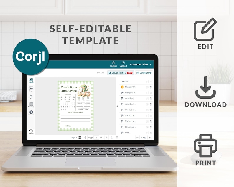 May include: A laptop showing a "Predictions and Advice" template with a green and white design. The screen displays a calendar layout with illustrations. The laptop is open on a white surface, with the text "SELF-EDITABLE TEMPLATE" above it. Icons for edit, download, and print are on the right.