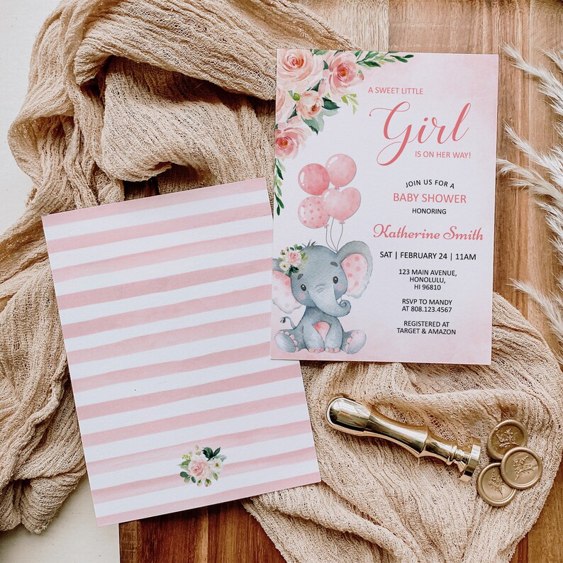 May include: Pink and white striped baby shower invitation with a watercolor illustration of a gray elephant holding pink balloons. The text reads "A sweet little girl is on her way!" and includes the date, time, and location of the event. RSVP and registry information is also included.