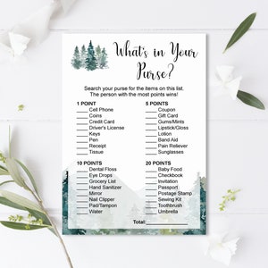 May include: A printable game card with a watercolor background of green and blue trees. The card has the title "What's in Your Purse?" and lists items to find in a purse with points assigned to each item. The card is designed for a party game.