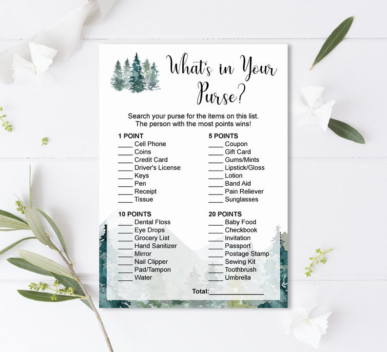 May include: A printable game card with a watercolor background of green and blue trees. The card has the title "What's in Your Purse?" and lists items to find in a purse with points assigned to each item. The card is designed for a party game.
