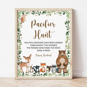 Juego de búsqueda de chupetes Letrero para baby shower con temática de bosque Juego de baby shower con animales del bosque Juego de animales del bosque para imprimir NO editable 0120
