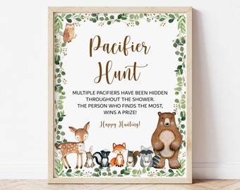 Pacifier Hunt Game Sign Woodland Baby Shower Game Greenery Woodland Animals Baby Shower Forest Animals Game Printable NOT Editable 0120