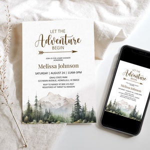 Pode incluir: Um convite para um ch&aacute; de beb&ecirc; com uma ilustra&ccedil;&atilde;o em aquarela de montanhas e &aacute;rvores. O texto diz "Let the Adventure Begin" e inclui o nome "Melissa Johnson" e os detalhes do evento.