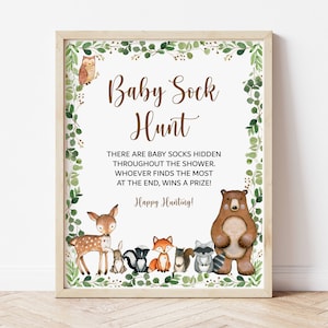 Baby Sock Hunt Game Sign Woodland Baby Shower Game Greenery Woodland Animals Forest Baby Shower Game Printable NOT Editable 0120 image 1