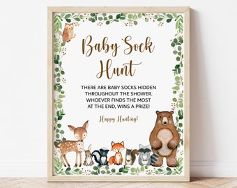 Baby Sock Hunt Game Sign Woodland Baby Shower Game Greenery Woodland Animals Forest Baby Shower Game Printable NOT Editable 0120