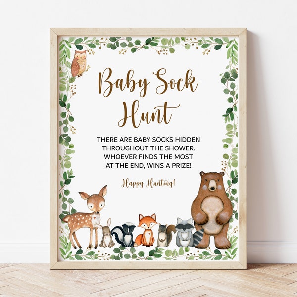 Baby Sock Hunt Game Sign Woodland Baby Shower Game Greenery Woodland Animals Forest Baby Shower Game Printable NOT Editable 0120