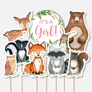 DRUCKBARE Waldtiere Herzstücke Mädchen Wald Baby Shower Kuchen Toppers Wald Ausschnitte Windel Kuchen Dekor NICHT bearbeitbar 0120